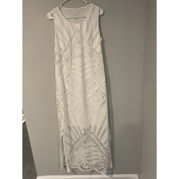 Chico's White Burnout Maxi Dress Sheer Side Slit Geometric Renee Size 8 Small - Picture 3 of 15